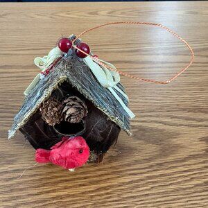 Hanging Ornament: red cardinal on country birdhouse